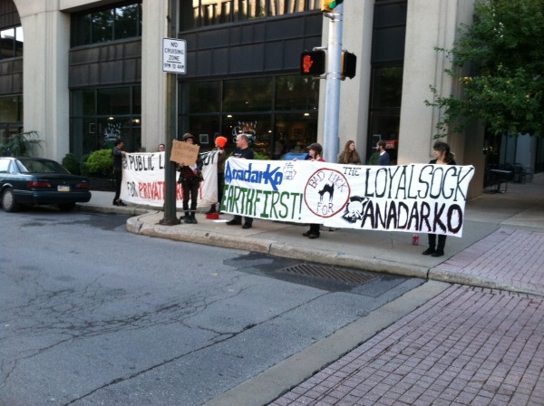 Protesters confront Anadarko on September 13th 2013 in Williamsport, PA. At the end of the protest, Earth First! announced the first tree-sit in the Loyalsock State Forest has begun.